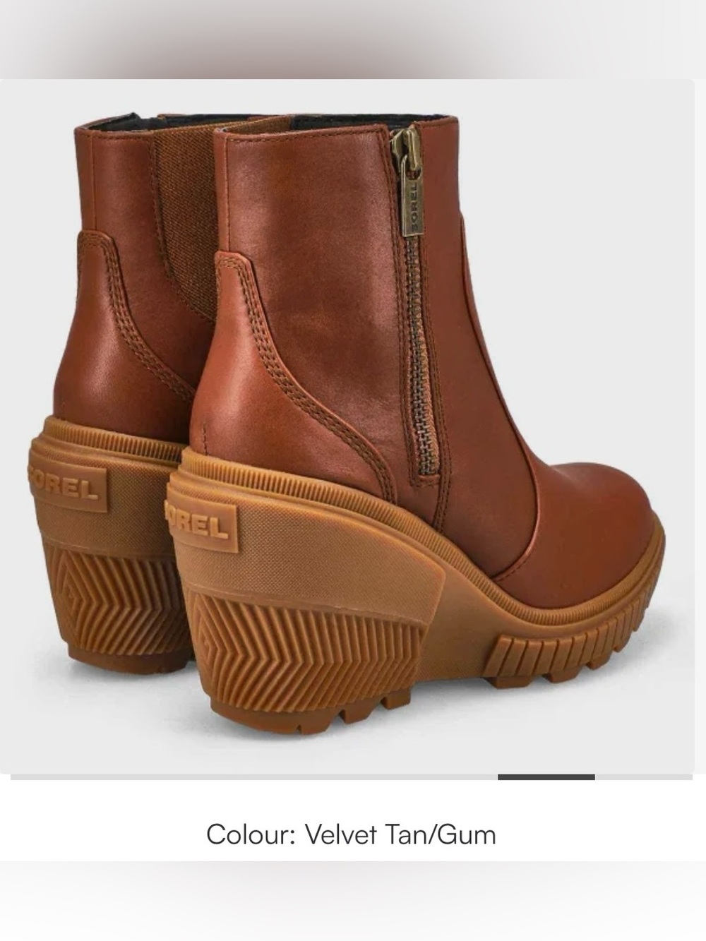 SOREL women 
Ona Ave'' Zip Wedge Booties Color: Velvet Tan, Gum 2 size 9.5 new - Picture 2 of 16